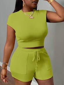 Slaydiva Plus Size Yellow Sleeveless Casual Street Slouchy Slim Sports Shorts Macaron Dopamine Color Shorts Ladies Elastic Waist Suit-F