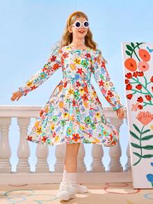 SHEIN Váy dài tay in hoa cho bé gái cho những dịp nghỉ lễ và thường ngày - Nhiều màu - Xem 3