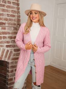 SHEIN LUNE Casual Women's Pink Long Cardigan With Drop Shoulders And Buttons - Pink - View 5
