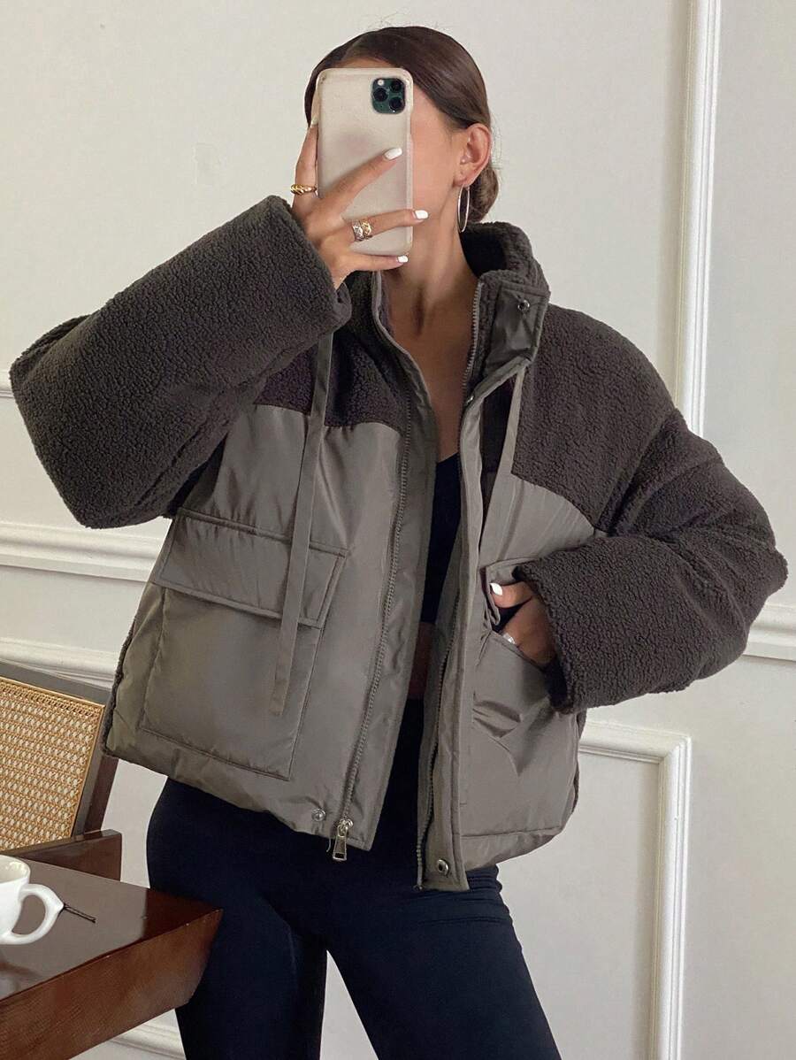 DAZY 女士冬季羊毛贴布工装实用口袋超大号夹棉大衣，冬季女装，冬季女装外套 - 咖啡棕 - 查看 1