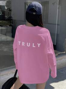 DAZY Camiseta de manga larga con estampado de letras y hombros caídos, para mujer, de estilo casual, para primavera/verano y otoño - Rosa Fucsia - Ver 3