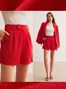 MOTF PREMIUM LINEN WOVEN WOMEN'S PLAIN COLOR SHORTS WITH SLANTED POCKETS - Red - View 2