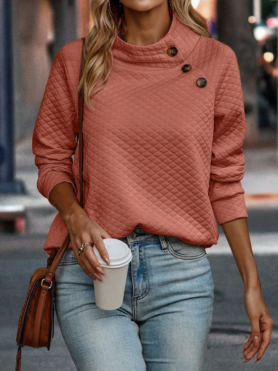 SHEIN LUNE Women's Spring & Autumn Solid Color Stand Collar Long Sleeve Casual Sweatshirt With Button Decoration,Long Sleeve Tops - Redwood - View 1