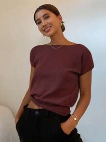 Livesso 女士夏季纯色修身露肩短袖针织上衣，教师装