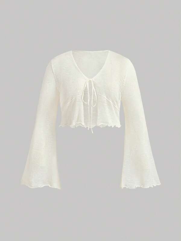 SHEIN MOD Plus Size Casual Front Tie Flare Sleeve Cardigan With Lapel Collar Music Festival