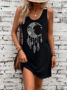 SHEIN LUNE Casual Simple Henna Pattern, Moon & Feather Print Round Neck Sleeveless Women Summer Dress - Black - View 1