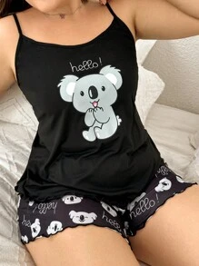 可愛無尾熊印花大尺寸吊帶短褲睡衣套裝