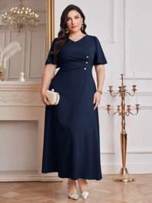 Modelyn Plus Size Women's Summer Solid Color V-Neck Short Sleeve Pleated Elegant Dress Long Evening Dresses