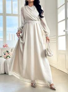 Modelyn Women's Spring & Summer Elegant Solid Color Lantern Sleeve Maxi Arabic Style Dress - Mint Green - View 6