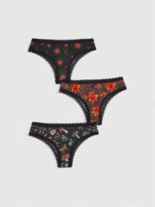 ROMWE Fairycore 3pcs Women's Fairy Mushroom Butterfly Sunflower & Floral Allover Print Lace Trimmed Thong Underwear Set