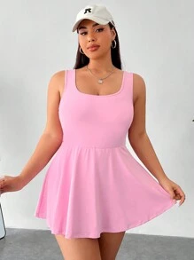 Solflare 情人节，女式加大码无袖连体裤，带短裤，纯色，外裙摆带有内置口袋 - 粉色 - 查看 5