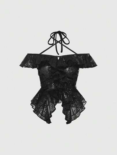 ROMWE Avant Schulterfrei Pailletten Spitze Rüschenbesatz Halfter transparentes Top für den Sommer, Rave Festival