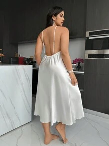 SilkySpell Camisola de seda con cuello en V y parches de encaje, espalda abierta, vestido largo para tallas grandes