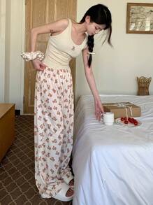 DAZY 熊印花无袖上衣和裤子睡衣套装 - 杏色 - 查看 3