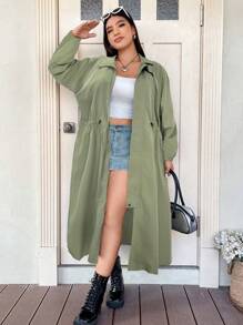 Flirla Plus Size Women's Solid Color Long Sleeve Drawstring Waist Casual Jacket, Spring & Autumn - Green - View 5