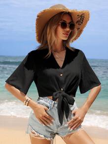 SHEIN VCAY Women's Summer Solid V-Neck Short Sleeve Cropped Casual Blouse