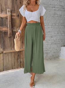SHEIN Frenchy Pantalones casuales anchos de pierna suelta con pliegues y volantes en el bajo, unicolor, para mujer