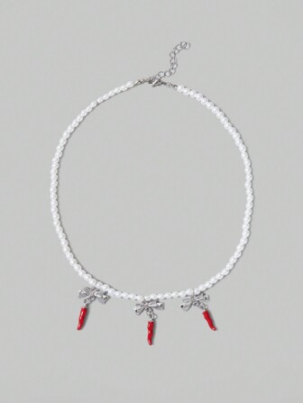 Hippie Fashionable And Creative Red Chili Pepper Pearl Necklace With Unique Design