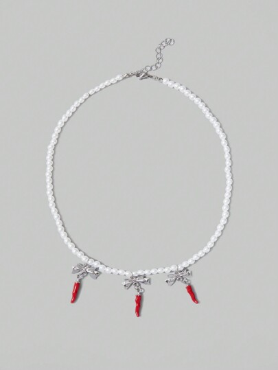 Hippie Fashionable And Creative Red Chili Pepper Pearl Necklace With Unique Design