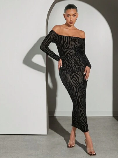 Hauture 露肩褶皺連身裙，夏季修身性感連衣裙