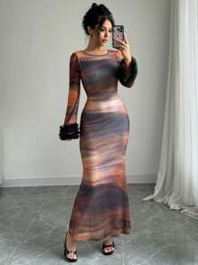 Elenzga Vestido con mangas acampanadas y bloques de color de malla teñida anudada, primavera/otoño