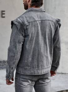 Manfinity LEGND Men Solid Color Front Button Pocket Casual Long Sleeve Denim Jacket, Fall - Grey - View 2