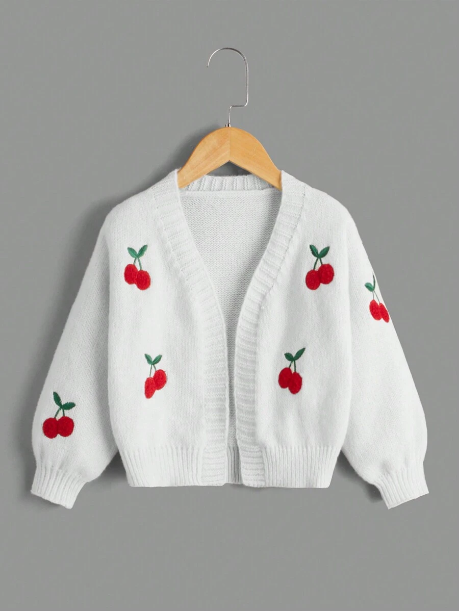 SHEIN Cardigan Lengan Panjang Berhiaskan Bordir Bunga Ceri untuk Anak Perempuan, Cocok untuk Musim Gugur/Musim Dingin - Putih - View 1
