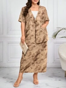 Mulvari Conjunto de 2 piezas con chaqueta y falda de tela efecto tie-dye con bolsillos duales en talla grande