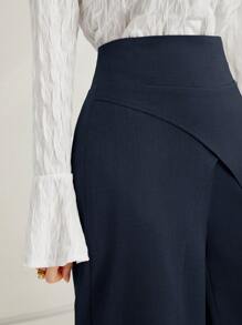 Mulvari 女士休闲纯色高腰围裹式直筒裤 - 寶藍色 - 查看 7