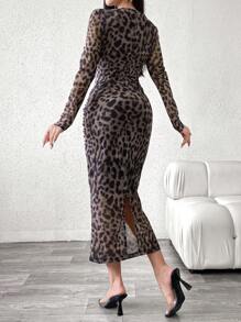 Modelyn Vestido elegante de mujer con estampado de leopardo, plisado, abertura y manga larga - Vestido maxi para uso diurno y vestido de noche largo para mujeres