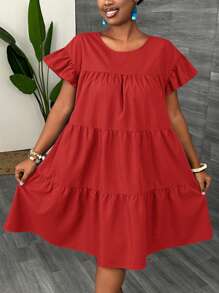 Slaydiva Plus Size Loose Solid Blue Casual & Beach Layered Ruffle Trim Short Dress For Women, Spring Summer - Red - View 5