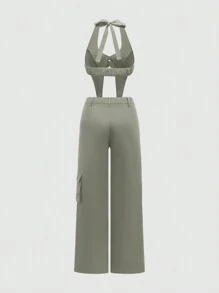 Twin Melody X SHEIN SHEIN Unity Backless Halter Sexy Top & Loose Hip Hop Style Cargo Pants With Pockets - Green - View 2