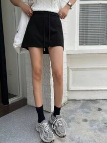 DAZY 女款純色抽繩腰直筒休閒黑色鉛筆裙，校園風 - 黑色 - 查看 6