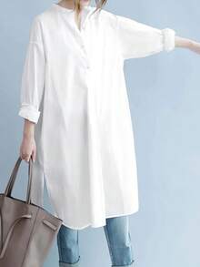 Women's Solid Button Front Curved Hem Shirt Dress Long Sleeve Fashion Casual For Spring, Autumn - White - View 3