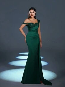 Faeriesty Women Elegant Elegant Sophisticated Satin Asymmetric Maxi Dress With Sparkly Sequin-Embellished Shoulder & Fish-Tailed High-Waisted Slit | Dramatic Evening Look For Galas, Parties Or Luxury Events New Year Outfit,Summer Holiday Outfits - Dark Green - View 6