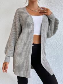 EURMUSE Rib Knit Lantern Sleeve Open Front Cardigan - Light Grey - View 5