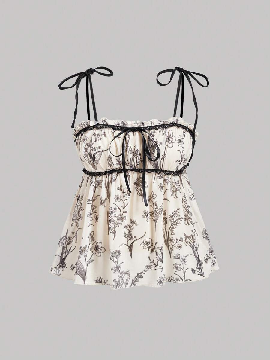 SHEIN MOD 女士花卉图案吊带短款上衣、上衣、秋季上衣、娃娃装上衣