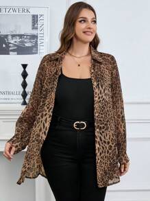 SHEIN PETITE CURVE Plus Size Leopard Print Single-Breasted Long Sleeve Women's Shirt - Multicolor - View 6