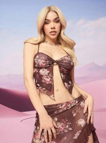 SHEIN X KeniaOs SHEIN ICON Floral Mesh Print See-Through Asymmetrical Hem Cropped Tank Top And High Slit Asymmetric Ruffle Hem Skirt 2 Pieces Set, Summer - Multicolor - View 3