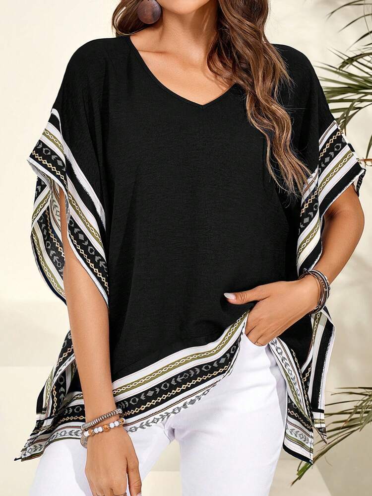 Women's Summer Spliced ​​Web V-Neck Loose Shirt