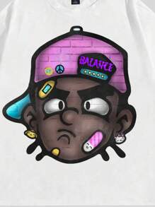 ROMWE MEN Street Life Men's Summer Cartoon Character Printed Short Sleeve T-Shirt And Elastic Waist Shorts Set