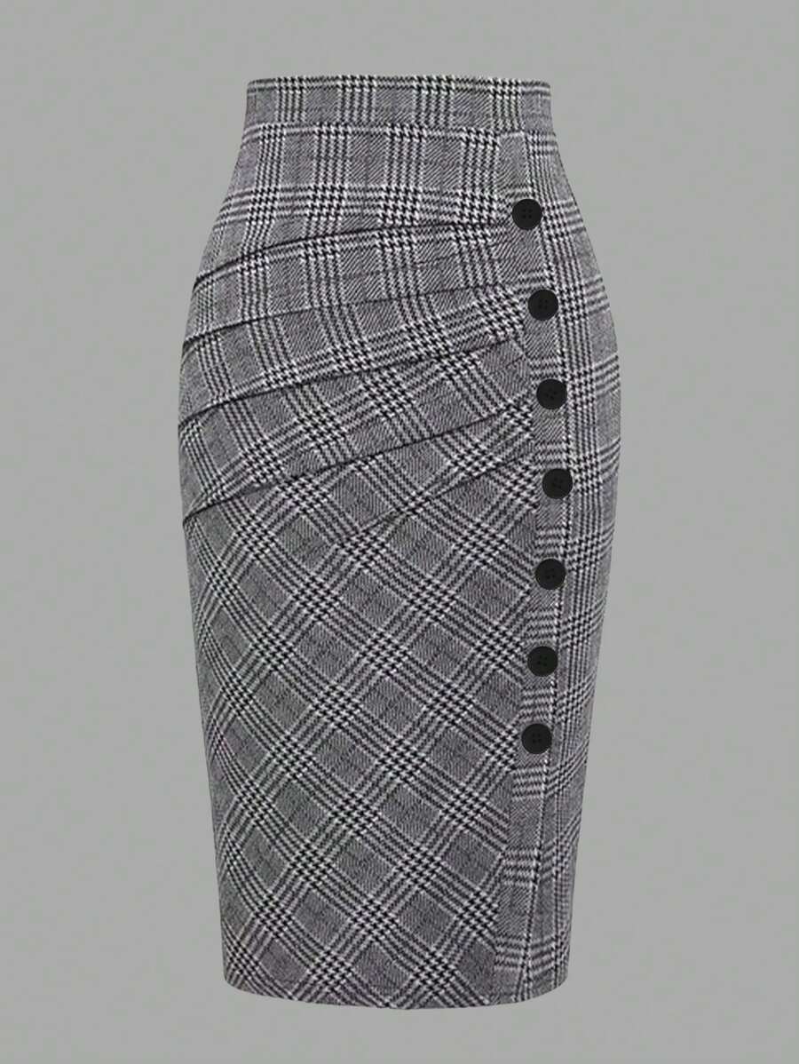 EARO French Retro Women Casual Minimalist Comfortable Daily Versatile Single-Breasted Houndstooth Pleated A-Line Skirt, High Cinched Waist Elastic Waist, Elegant Loose OL Professional Bodycon Skirt, Spring/Autumn - Black and White - View 1