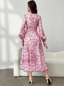 Modelyn 女士方领主教袖喇叭下摆长袖优雅连衣裙长款晚礼服 - 粉色 - 查看 2