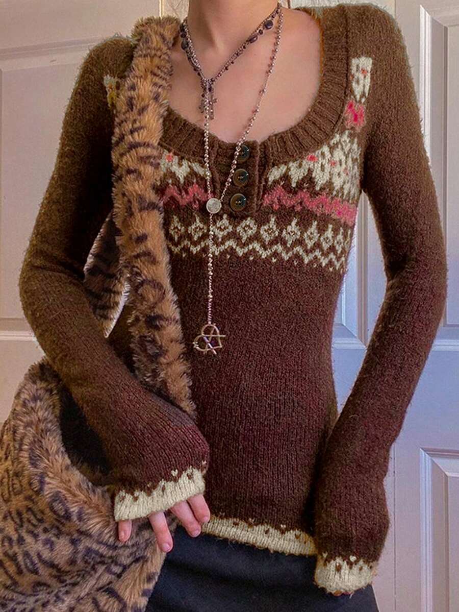 女式纽扣前提花针织毛衣 - 彩色 - 查看 1