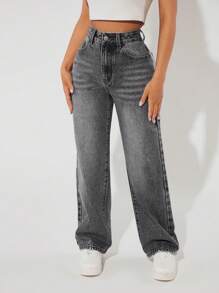 SHEIN PETITE Women's Straight Leg Loose Fit Casual Denim Pants With Pockets - Dark Grey - View 6
