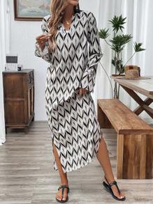 SHEIN LUNE Allover Print Split Thigh Tunic Dress For Holiday - Apricot - View 6