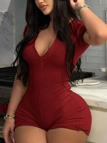 INAWLY Women's Solid Color Zipper Placket Short Sleeve Jumpsuit