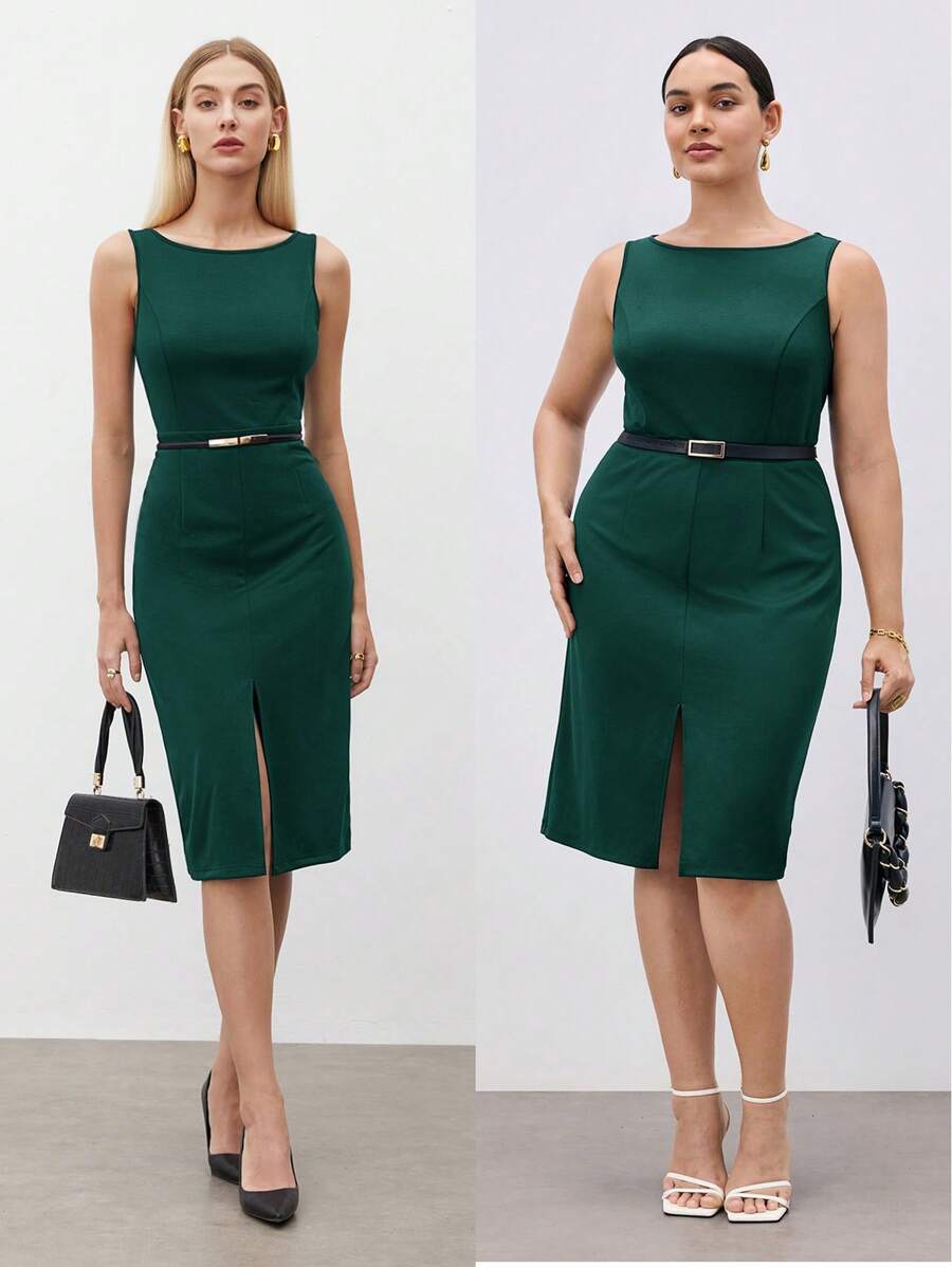 BizChic Plus Size Women's Solid Color Simple Blue Everyday Waist Cinched Elegant Casual Work Dress - Green - View 1