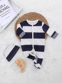 Conjunto de homewear de 2 peças com macacão de mangas compridas listrado azul e branco para bebês meninos, com chapéu