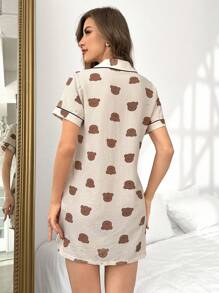Vestido de dormir con botones y cuello de solapa con estampado de osos para dama, ideal para vacaciones
